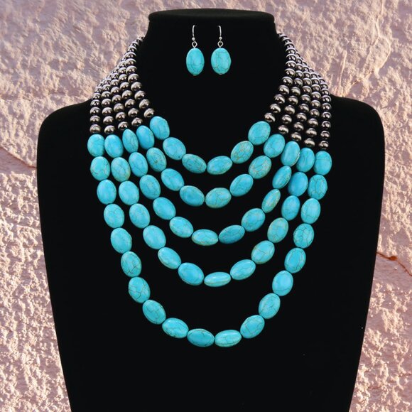 The Neva Stone & Navajo Beaded Turquoise Silver Necklace & Earrings SET NEW - Picture 1 of 4